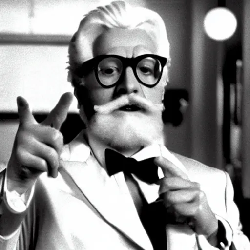 Image similar to A movie still of Colonel Sanders as a 1980s supervillian