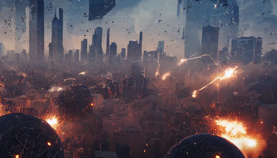 Image similar to metallic spheres falling from the sky and destroying chicago, explosion, destruction, fire, hyperdetailed, artstation, cgsociety, 8 k