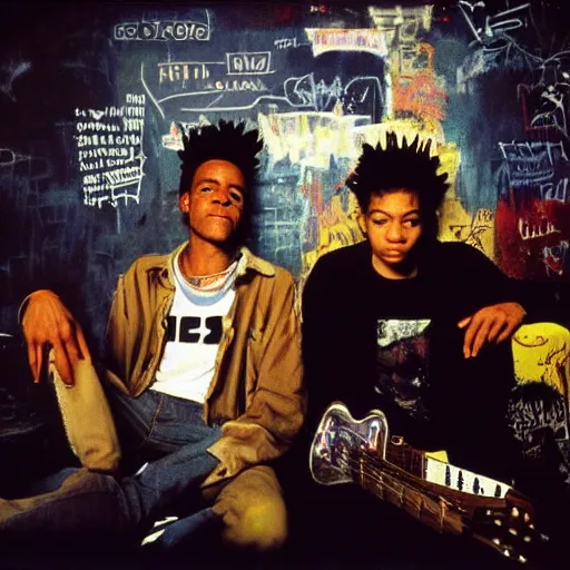 Image similar to portrait photo of basquiat and kurt cobain in nirvana basquiat ’ s studio, photorealistic,