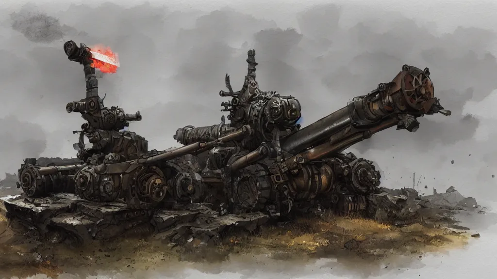 Prompt: side view of howitzer cannon, watercolored, jakub rozalski, dark colours, dieselpunk, artstation
