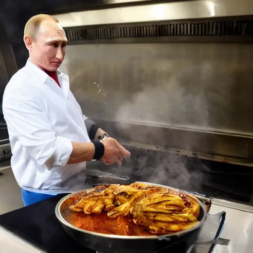 Image similar to Vladimir Putin being cooked on a rotisserie in Spain