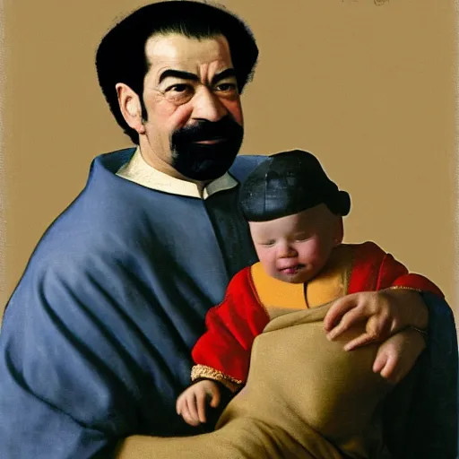 Prompt: A portrait of Saddam Hussein smiling and holding a baby gently in his arms by Johannes Vermeer