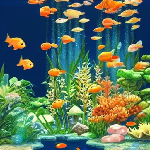 Prompt: beatiful aquarium full of cute beatiful goldfish, drawn by anime studio ghibli