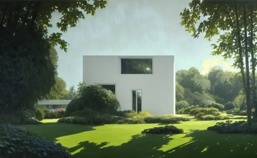 Prompt: painting of a wide angle exterior shot of a white modern architecture in the middle of an english garden with cinematic lighting by peter zumthor and renzo piano, darek zabrocki and greg ruthkowski, alphonse mucha, simon stalenhag and cinematic and blue cold atmospheric, archillect concept art, artstation, trending on artstation