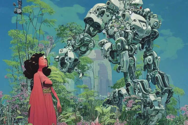 Prompt: gigantic woman, a lot of exotic vegetation around, trees, huge mecha robot, flowers, risograph!, omnious, dark, oldschool vintage sci - fi flat surreal design, super - detailed, painting by moebius and satoshi kon and jodorowski and katsuhiro otomo and kim jung gi, hd, 4 k, high quality