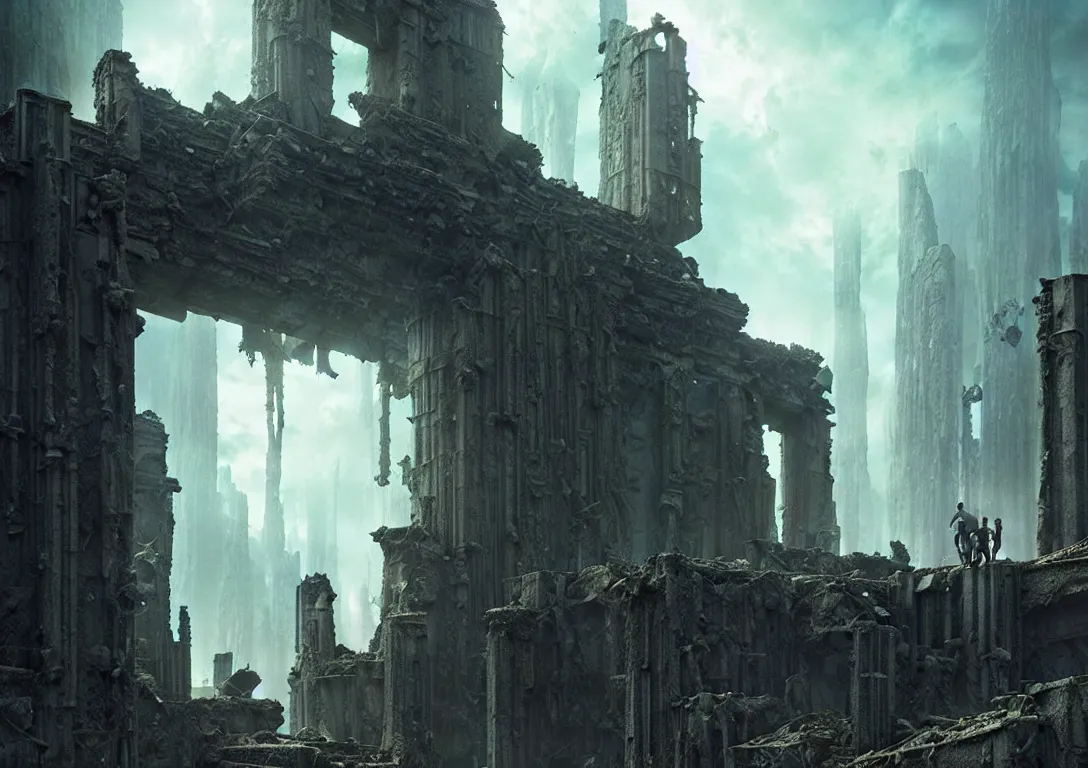 Image similar to lost traveller is exploring lost ruins, close - up on the traveller, there are ruins of ancient civilization!!!, ultra high definition, ultra detailed, symmetry, sci - fi, dark fantasy, in style of heavy metal comic, dark and horror style, metal by greg rutkowski and ross tran
