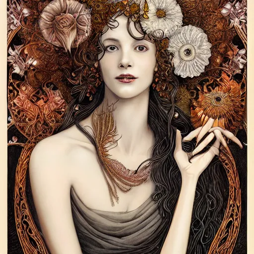 Image similar to facial portrait of a young pretty woman in flowing dress, arrogant, mysterious, long fine flowing hair, delicate, looking at camera, slightly awkward smile, realistic face, hands behind back, intricate, stylish, elegant, grimdark fantasy, flowers, art nouveau, extremely detailed painting inspired by Gerald Brom and Ernst Haeckel and Kaluta