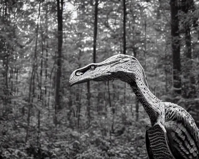 Prompt: hyper realistic vintage photograph of a real feathered velociraptor in a forest, ultra detailed, grain, old, monochrome, sepia toned, realistic lighting, wide angle, prehistoric planet