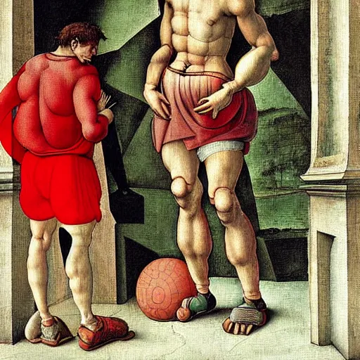 Prompt: Caricature. thomas muller is a bum in the streets of berlin, looking at the ground, sad. extremely detailed painting. by Botticelli, Michelangelo and Leonardo da Vinci.