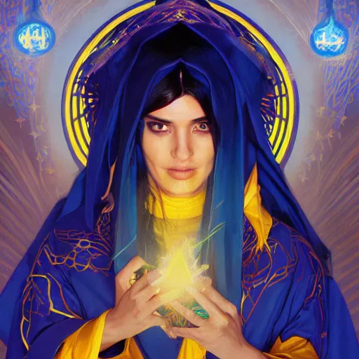 Image similar to portrait of a middle - eastern female cleric with straight black hair wearing blue and yellow vestments summoning a fireball, fantasy, highly detailed, digital painting, artstation, concept art, character art, art by greg rutkowski and tyler jacobson and alphonse mucha