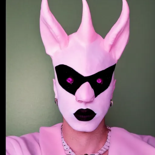 Prompt: bad bunny dressing up as an androgynous demon for halloween, you can still see bad bunny's face, artistic, pink pastel, realistic, close up, varying angles