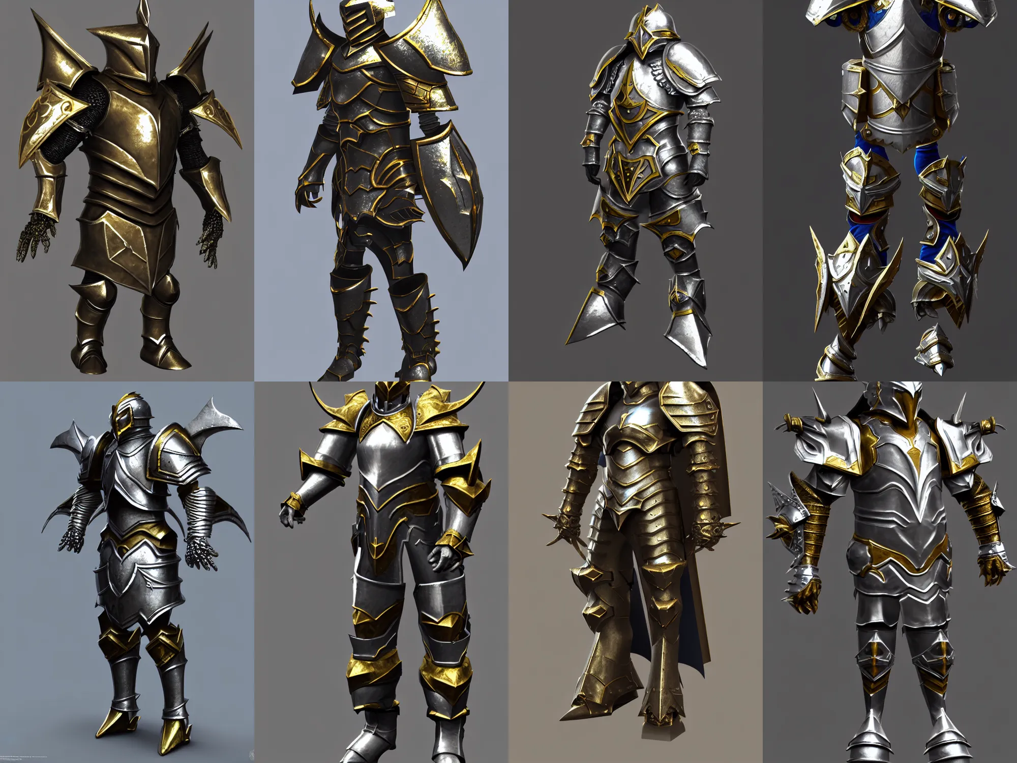 Prompt: render of fantasy boss armor, silver with gold trim, huge pauldrons, medieval fantasy, extremely clean, flat shading, exaggerated proportions, trending on Artstation, heroic fantasy character concept, HD Octane render, 8k