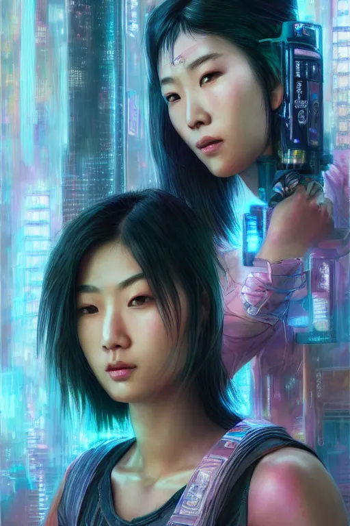 Image similar to stunning highly detailed portrait of a beautiful asian female cyberpunk, soft lighting, pastel neon colors, oil on canvas, strong lighting, by Glenn Fabry, HD, 4K