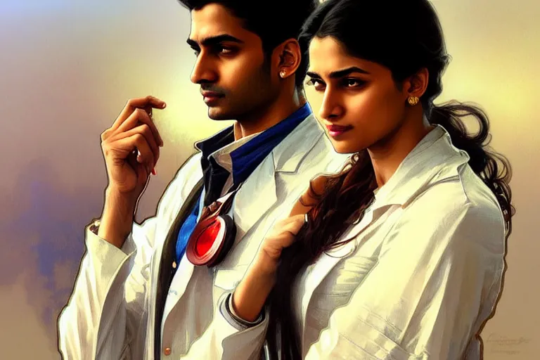 Image similar to Anxious good looking pale young Indian doctors wearing American clothes at the airport, portrait, elegant, intricate, digital painting, artstation, concept art, smooth, sharp focus, illustration, art by artgerm and greg rutkowski and alphonse mucha