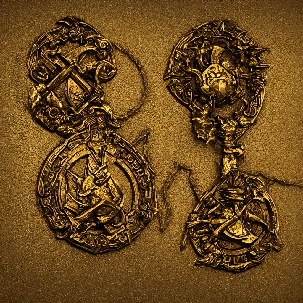 Image similar to symbol of a thieves guild on a secret door, embossed in gold, realistic, trending on artstation, unreal engine