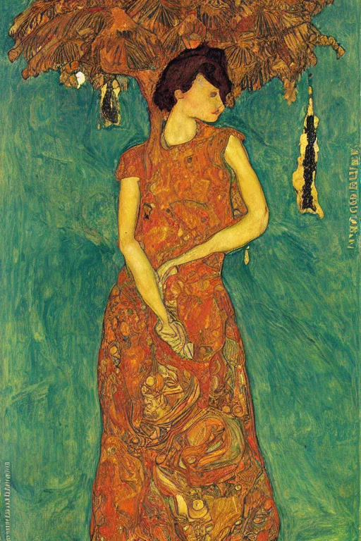 Prompt: girl waer detailed golden arabesque dress with a big tree palm in persian pot, painting by egon schiele