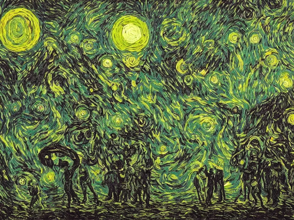 Prompt: bright beautiful oil painting of space aliens abducting people from arles france with a glowing green light, light scatter, van gogh