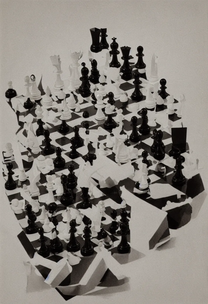 Prompt: A chessboard connected to a machine in a vast white room, Marcel Duchamp, Irving Penn, cyberpunk, 1919