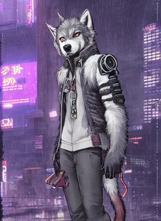 Image similar to character portrait of a male anthro wolf fursona with a tail and a cute beautiful attractive detailed furry face wearing stylish cyberpunk clothes in a cyberpunk city at night while it rains. hidari, color page, tankoban, 4K, tone mapping, Akihiko Yoshida.