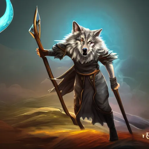 Image similar to wizard is holding a staff as a wolf, dynamic pose, chromatic aberration, medium level shot, fantasy, illustration, concept art,