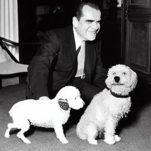 Prompt: Richard Nixon petting the family dog, Checkers. White House photo.