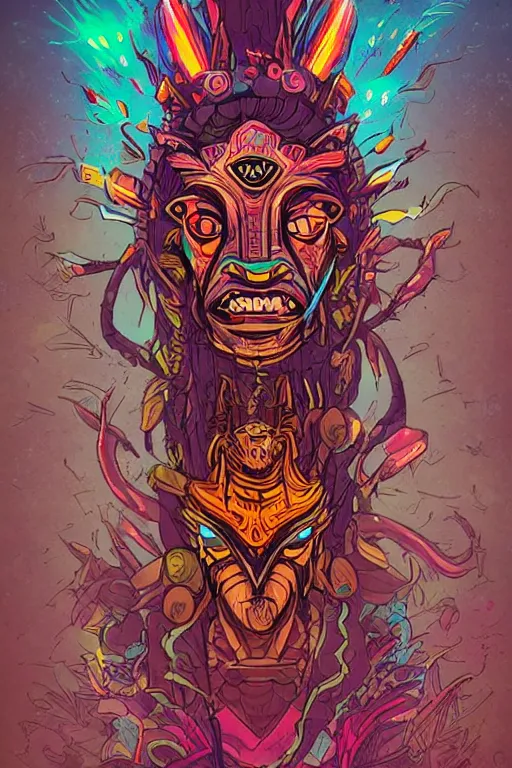 Image similar to totem animal tribal chaman vodoo mask feather gemstone plant wood rock video game illustration vivid color borderlands by josan gonzales and dan mumford radiating a glowing aura