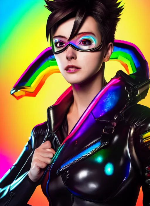 Image similar to hyperrealistic style portrait of tracer overwatch, confident pose, wearing black iridescent rainbow latex, rainbow, neon, 4 k, expressive happy smug expression, makeup, in style of mark arian, wearing detailed black leather collar, wearing sleek armor, black leather harness, expressive detailed face and eyes,