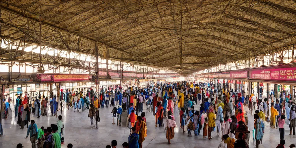 Image similar to establishing shot, interior of an indian railway station, bustling with people, sharp focus, aesthetic