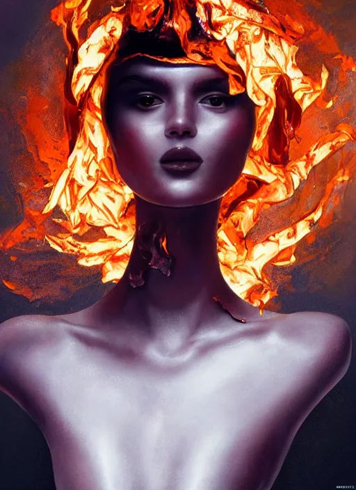 Image similar to sculpture made of flame, portrait, female, future, torch, fire, harper's bazaar, vogue, fashion magazine, intricate, concept art, close up, ornate, luxury, elite, elegant, trending on artstation, by ruan jia, by Kenneth Willardt, by ross tran, by WLOP, by Andrei Riabovitchev,