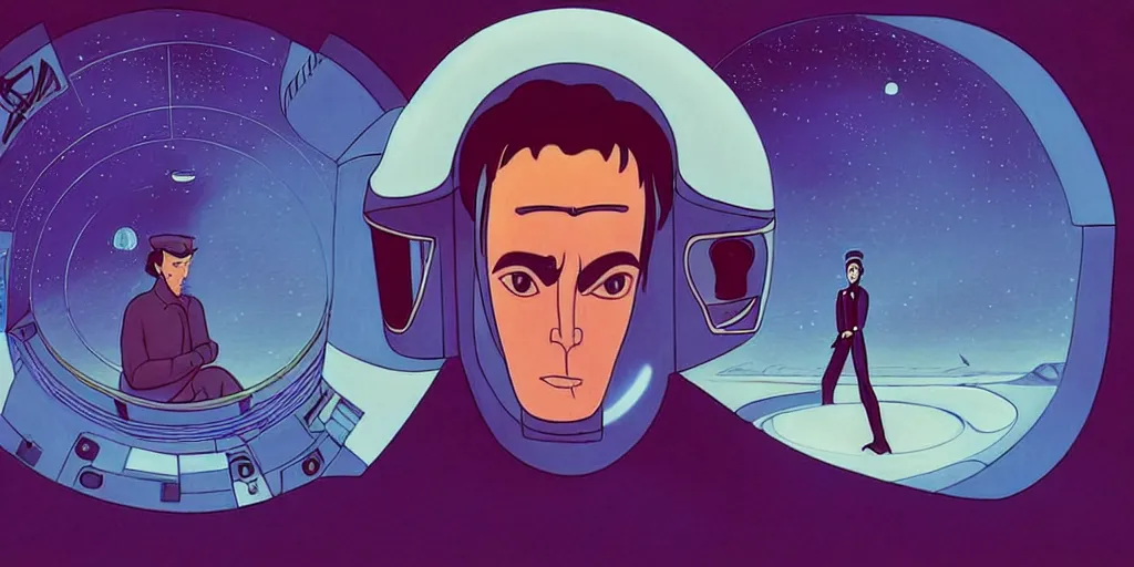 Image similar to traditional drawn colorful animation a symmetrical portrait of lonely single Alain Delon alone pilot in posing in spaceship station planet captain bridge outer worlds robots extraterrestrial hyper contrast well drawn in Jean Henri Gaston Giraud animation film The Masters of Time FANTASTIC PLANET La planète sauvage animation by René Laloux