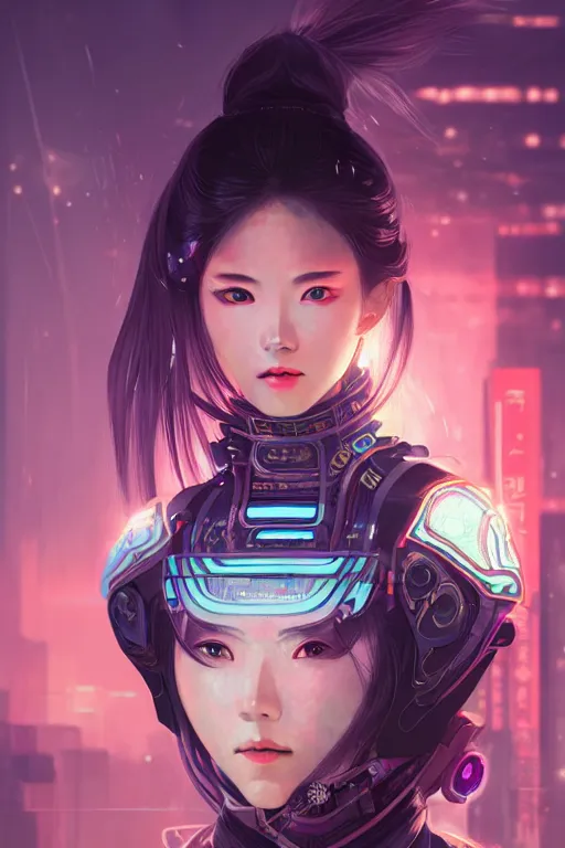 Image similar to portrait futuristic Samurai Girl, in future cyberpunk tokyo rooftop , ssci-fi, fantasy, intricate, very very beautiful, elegant, neon light, highly detailed, digital painting, artstation, concept art, smooth, sharp focus, illustration, art by tian zi and WLOP and alphonse mucha
