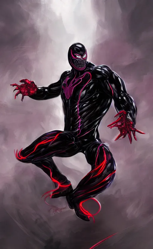 Image similar to venom in a venom inspired ironman suit, purple, black and red, dynamic lighting, photorealistic fantasy concept art, trending on art station, stunning visuals, terrifying, creative, cinematic