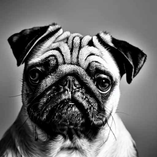 Image similar to portrait of a pug with an emo haircut, intricate detail, high contrast, studio photo, well lit,