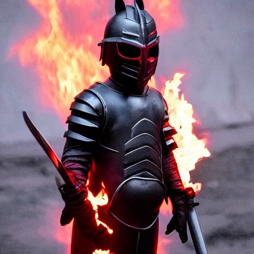 Image similar to a black knight in shining armor, a terrible mask on his face, eyes burning with red fire. a boy is standing next to him and he has a sword in his hands