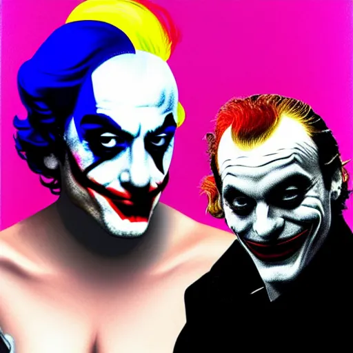 Image similar to richard hamilton and mimmo rottela as lady gaga harley queen and joaquin phoenix joker, pop art, 2 primary color, justify content center, object details, dynamic composition, face and body features, ultra realistic art, smooth, sharp focus, illustration, concept art, intricate details, h 7 6 8