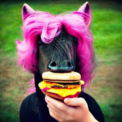 Prompt: “Pink Unicorn eating a cheeseburger”