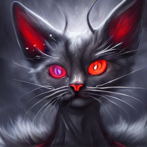 Image similar to fantasy devil cat with red eyes and smoke, high detail, digital art, beautiful , concept art,fantasy art, 4k