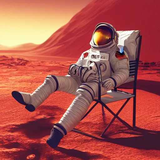 Prompt: an astronaut resting on mars in a beach chair, vibrant lighting, elegant, highly detailed, smooth, sharp focus, illustration, beautiful, geometric, trending on artstation, full body, cinematic, artwork by borovikovsky