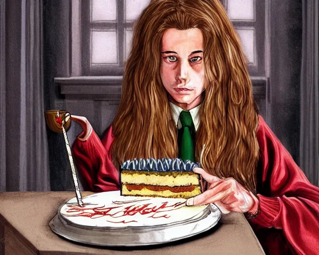 Prompt: Forrest gump eating a cake in hogwarts, digital art, highly detailed, in the style of Irina French