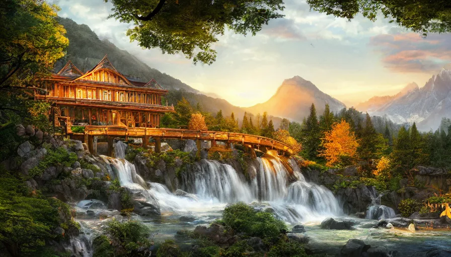 Prompt: rivendell with mcdonald's restaurant built in the mountains with waterfalls and forest at the foot of green gigantic mountains at sunset, fireplace, hyperdetailed, artstation, cgsociety, 8 k