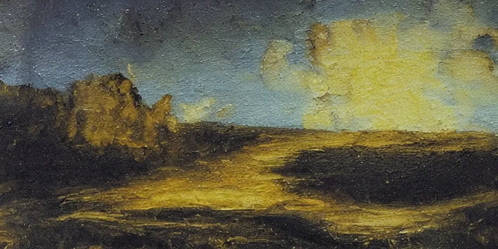 Prompt: melted material against a romantic painting of a landscape, on a poststamp