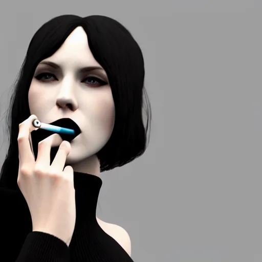 Image similar to a dignified young pale goth lady smoking a cigarette, photorealistic, sublime, 16k, smooth, sharp focus, cgsociety, trending on ArtStation, volumetric lighting