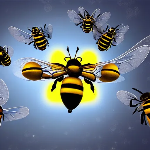 Image similar to a team of bee robots, hyperrealistic, digital art, 4 k