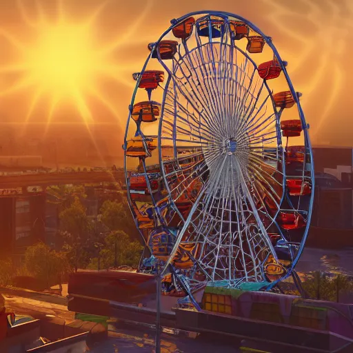 Prompt: ferris wheel at sunrise, studio shot, studio lighting, bokeh, sharp focus, digital art, trending on artstation, behance, octane render, unreal engine 5, intricate, ornate, hyper realism, 1 0 0 mm