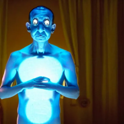 Image similar to mr. bean as doctor manhattan. movie still. cinematic lighting.