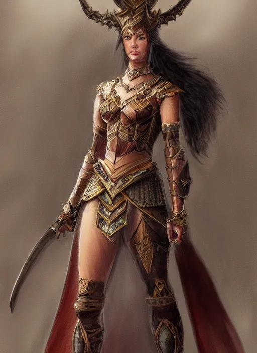 Image similar to detailed full body concept art of a warrior princess in fine clothing, painterly, micro detail