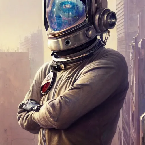 Prompt: a concept art portrait of masked diesel punk astronaut on the art deco streets of the big city, artstation, award - winning realistic sci - fi concept art by jim burns and greg rutkowski, beksinski, a realism masterpiece, muted color palette, james gilleard, bruegel, alphonse mucha, and yoshitaka amano