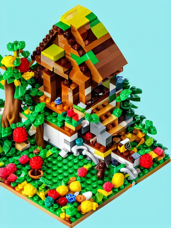 Prompt: miniature isometric lego diorama of fruit forest