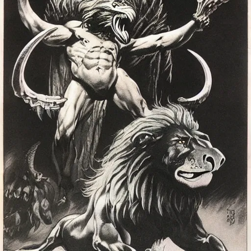 Image similar to a creature with the body and eyes of a man, with the beak of an eagle, the mane of a lion, and the horns of an ox. drawn by frank frazetta