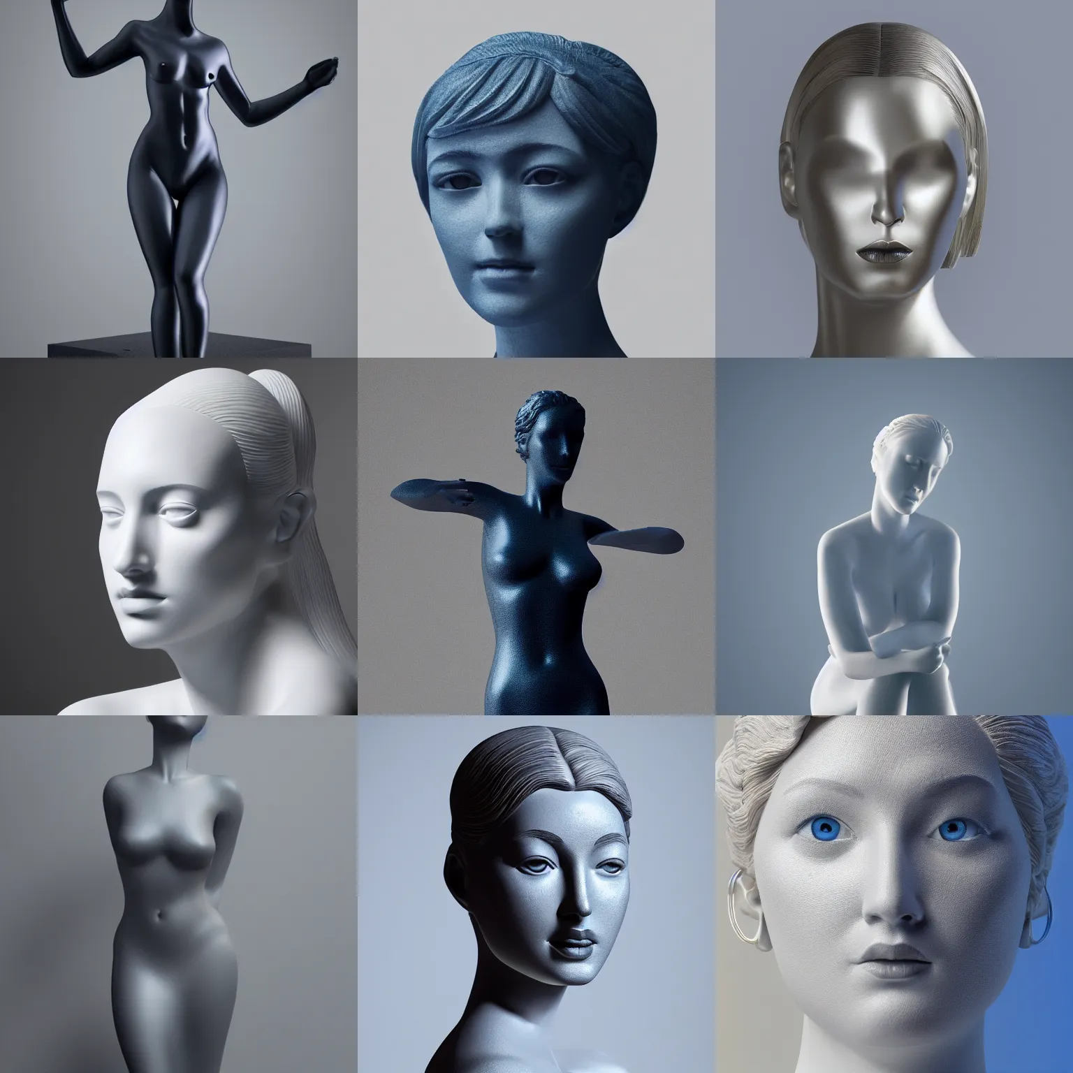 Prompt: ( perfect statue of a woman ) designed by apple, studio photo, white backdrop, studio light, solid works, octane render, macro shot, in focus, dept of field, silver, blue, black design